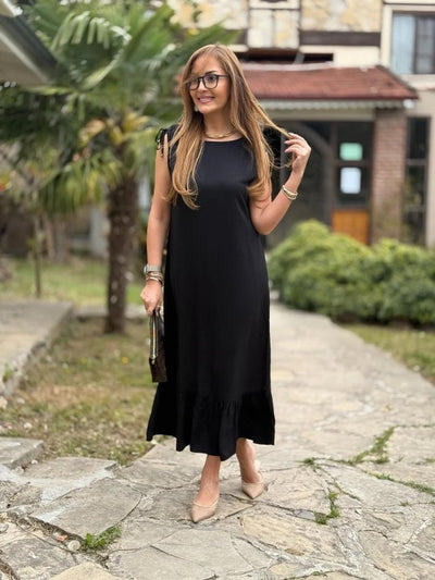 Rochie de damă din crep cu volane, cu guler tip barcă și umeri încrețiți, 34164