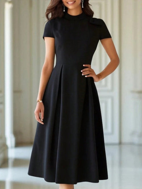 Rochie midi din crep strălucitor, cu mânecă scurtă, cu guler semi-lung, plisată, pentru femei, 25446