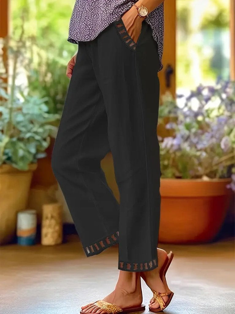 Pantaloni cu talie elastică, cordon, buzunare și dantela la pulpă, pentru femei, 26254