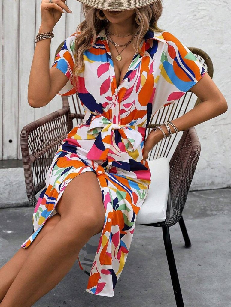 Rochie Supreme pentru femei, cu mânecă scurtă, guler, nasturi în față, drapată, model, 26396