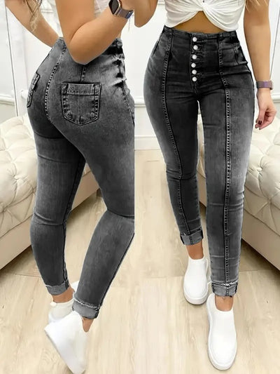 Women's High Waist Button-Front Jean Trousers, 31133