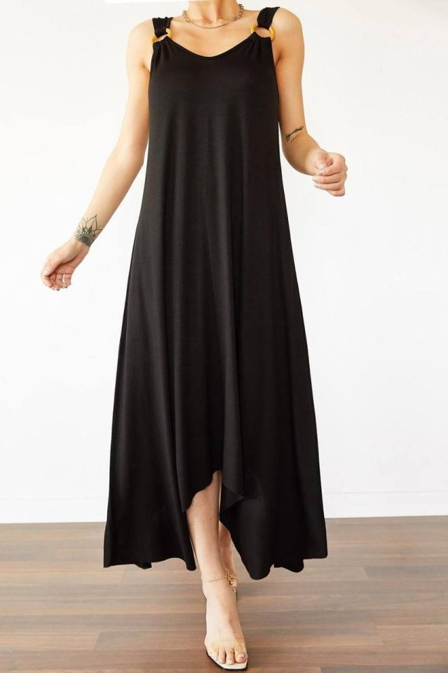 Rochie maxi din viscoză, cu decolteu în V, croială asimetrică și detaliu cu inele, pentru femei, 26757