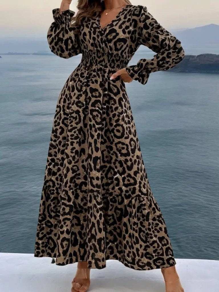 Women's Long Sleeve Wrap V-Neck Leopard Print Long Interlock Dress, 26837