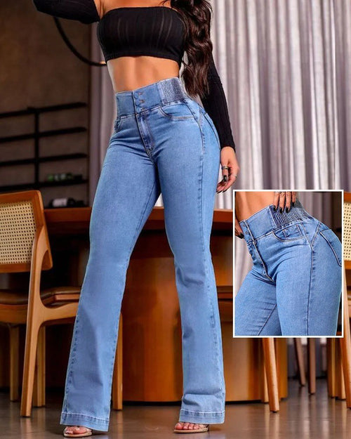 Kadın Yüksek Bel Yanları Lastik önü Düğmeli Kot Pantolon , 32826