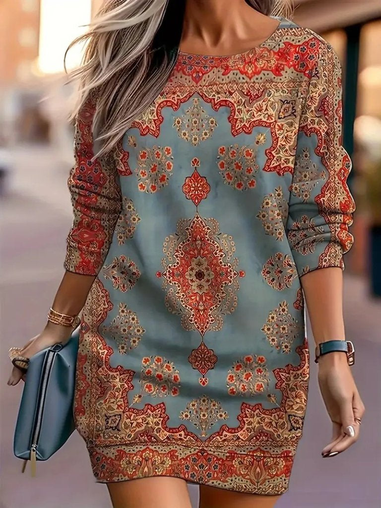 Rochie mini din modal cu mânecă lungă, gât rotund și model pentru femei, 27106