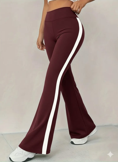 Pantaloni damă tip colanți, din neopren, cu talie înaltă, croială evazată și bandă decorativă laterală, 29805