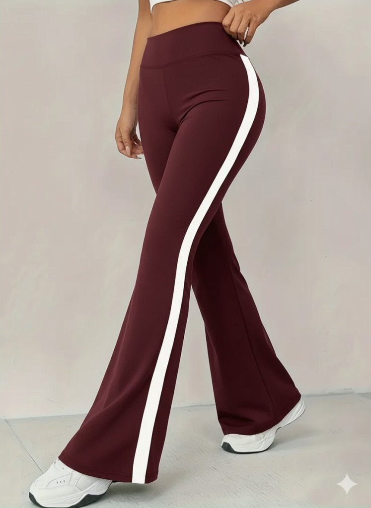 Pantaloni damă tip colanți, din neopren, cu talie înaltă, croială evazată și bandă decorativă laterală, 29805