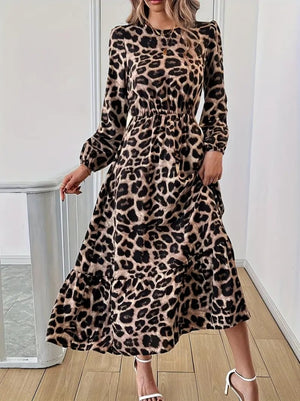 Rochie midi Supreme cu mânecă lungă, guler rotund și imprimeu leopard, 28383