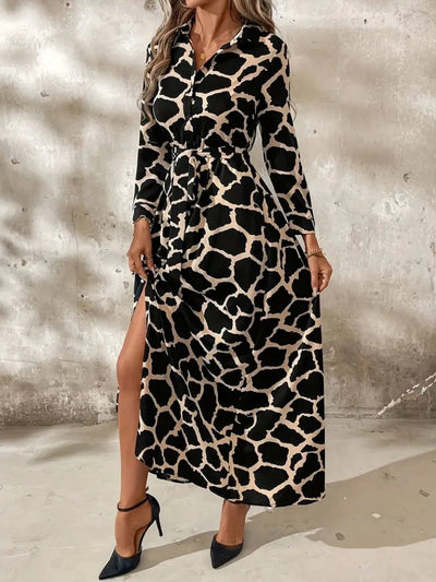 Women's Long Sleeve Collared Button-Front Patterned Belted Long Supreme Dress, 30800