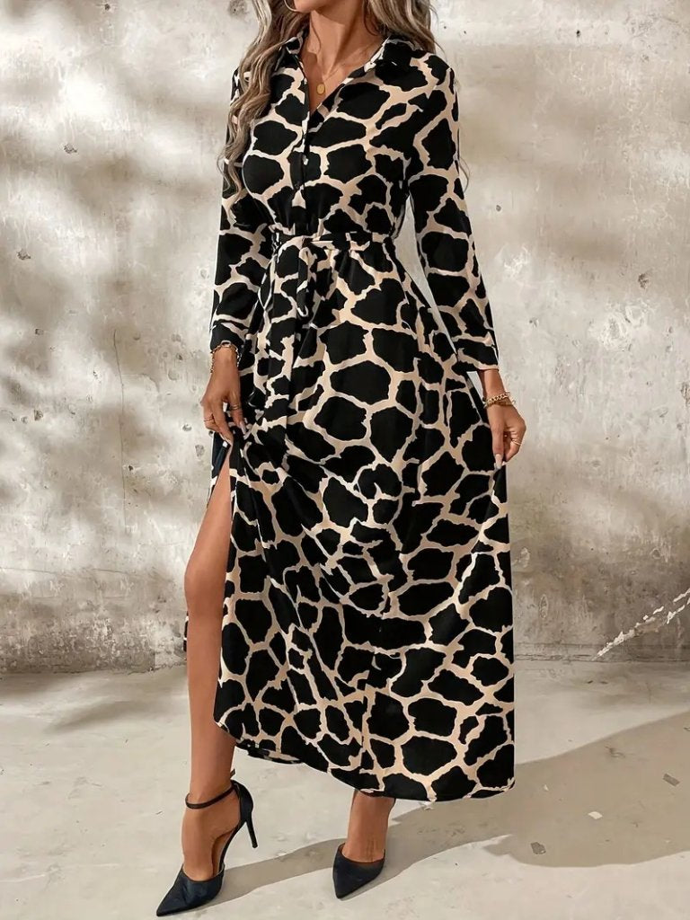 Women's Long Sleeve Collared Button-Front Patterned Belted Long Supreme Dress, 30800