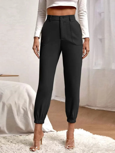 Pantaloni din crepă importată cu talie înaltă, buzunare, crac cu elastic, 28538