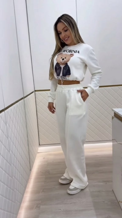 Kadın Uzun Kollu Bisiklet Yaka Desenli Iki Iplik şardonlu Bluz Ve Pantolon Ikili Takım, 29713