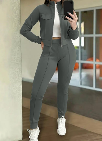Kadın Uzun Kollu önden Fermuarlı Kısa Modal Ceket Ve Pantolon Ikili Takım , 29866