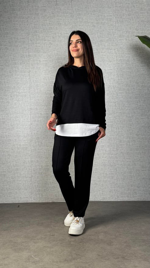 Set de două piese pentru femei, din viscoză, cu mânecă lungă, glugă și șnur, bluză și pantaloni, 30930