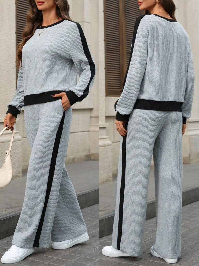 Set de două piese pentru femei, cu mânecă lungă, guler rotund, din material periat, bluză și pantaloni, 30718