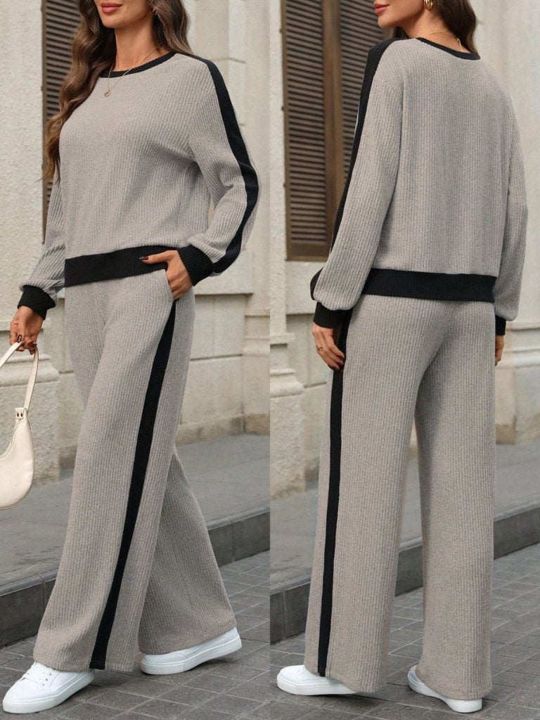 Set de două piese pentru femei, cu mânecă lungă, guler rotund, din material periat, bluză și pantaloni, 30719