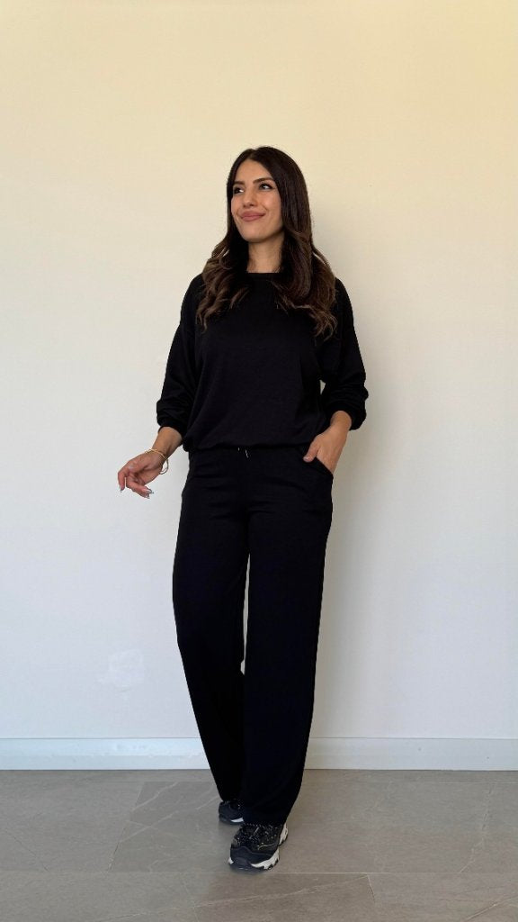 Set bluz cu mânecă lungă, guler la baza gâtului, din viscoză, cu două fire, și pantaloni, pentru femei, 30266