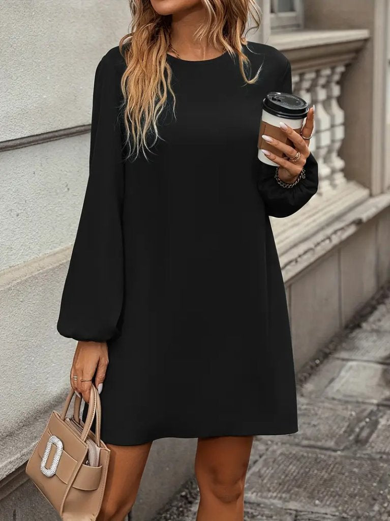 Rochie mini din crep importat, cu mânecă lungă și guler rotund, pentru femei, 30375