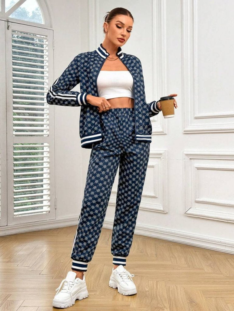 Set de damă, bluză cu mânecă lungă, fermoar frontal, model și pantaloni din două fire, 30919