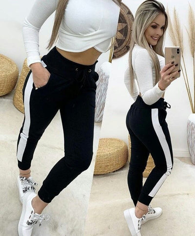 Pantaloni sport de damă din viscoză, cu două fire, cu talie înaltă, cu șireturi, detalii cu ochiuri și bandă laterală, 30862