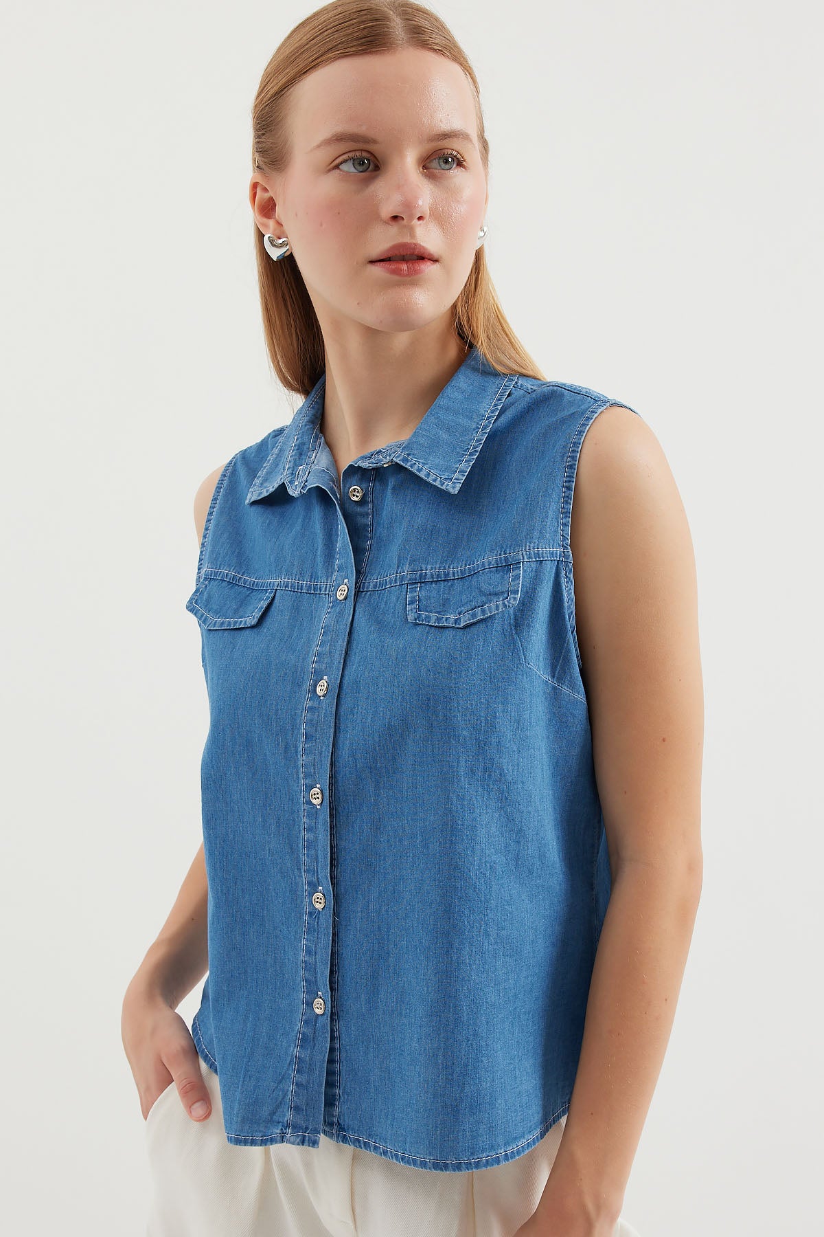 20257 Cămașă din Denim fără Mâneci - Albastru Marin