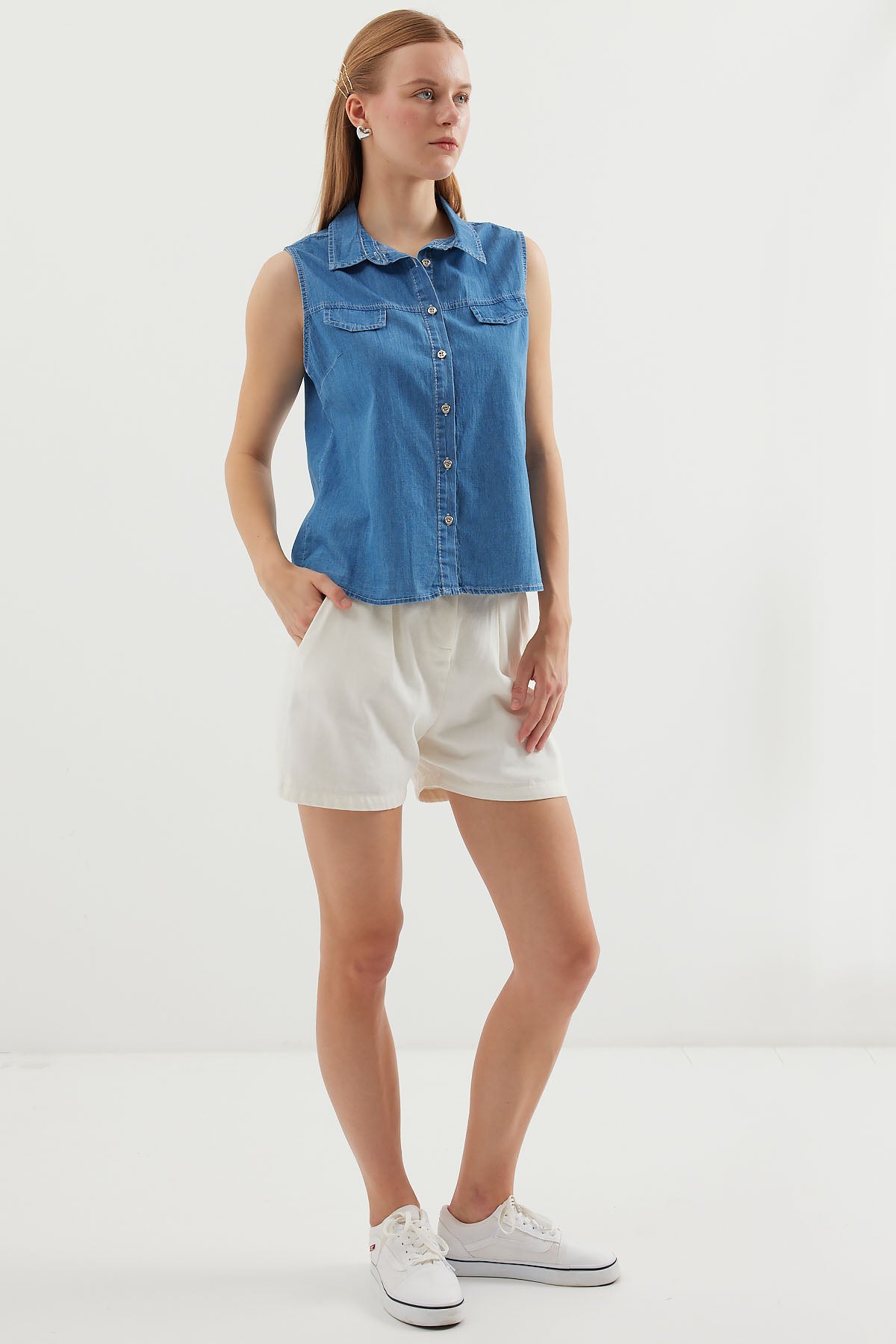 20257 Cămașă din Denim fără Mâneci - Albastru Marin