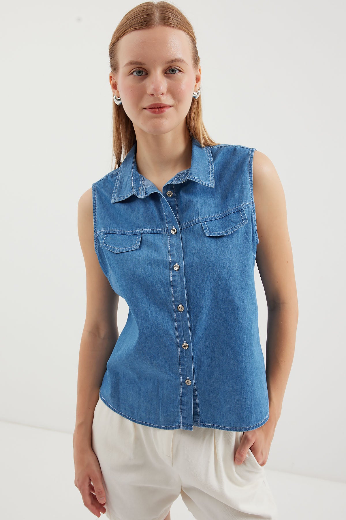 20257 Cămașă din Denim fără Mâneci - Albastru Marin