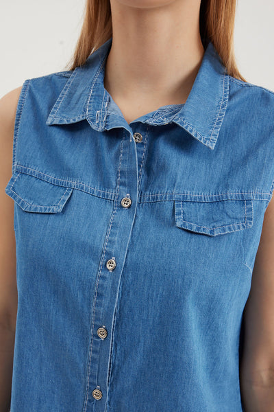 20257 Cămașă din Denim fără Mâneci - Albastru Marin