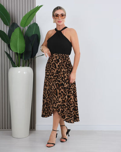Fustă lungă Supreme pentru femei cu imprimeu leopard și noduri în față, 31619
