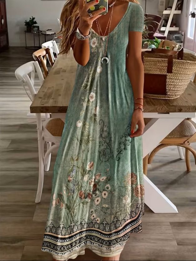 Rochie lungă Supreme pentru femei, cu mânecă scurtă, decolteu în V și model, 33151