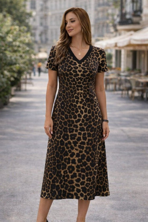 Kadın Kısa Kollu V Yakalı Leopar Desenli Kısa Süprem Elbise , 33177