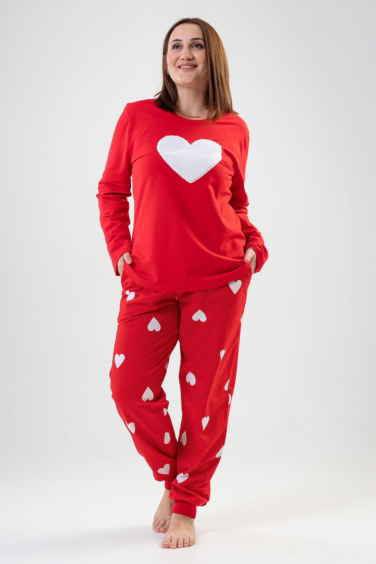 SET PIJAMA DE DAMĂ 2 FIRE XXL, GULER ROTUND, MÂNECĂ LUNGĂ, TIV OVAL, CU BUZUNARE ȘI MANȘETE - ROȘU