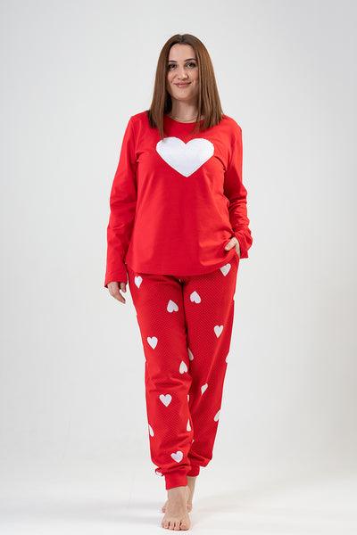 BAYAN 2IPLIK XXL O YAKA UZUN KOL ETEGI OVAL CEPLI MANSETLI PIJAMA TAKIM - KIRMIZI