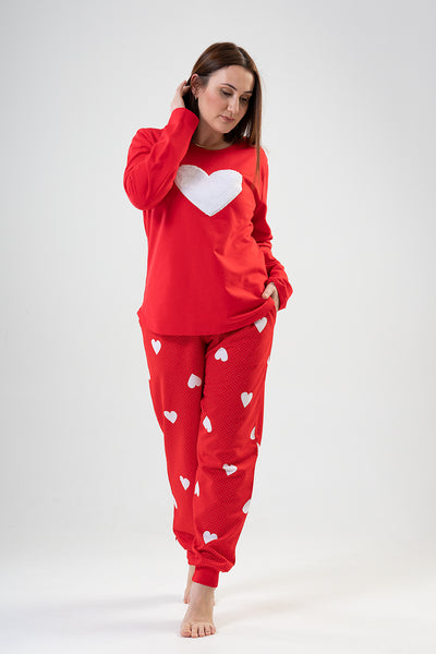 BAYAN 2IPLIK XXL O YAKA UZUN KOL ETEGI OVAL CEPLI MANSETLI PIJAMA TAKIM - KIRMIZI