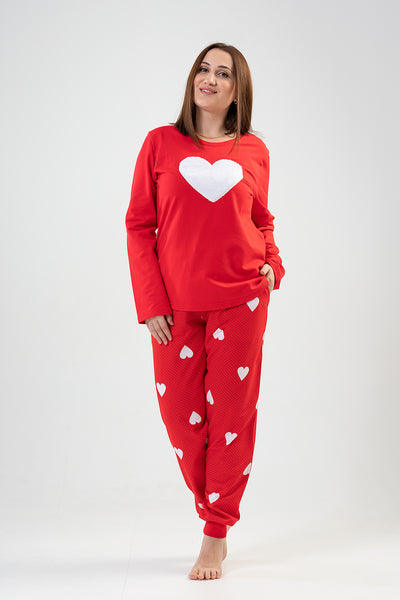 BAYAN 2IPLIK XXL O YAKA UZUN KOL ETEGI OVAL CEPLI MANSETLI PIJAMA TAKIM - KIRMIZI