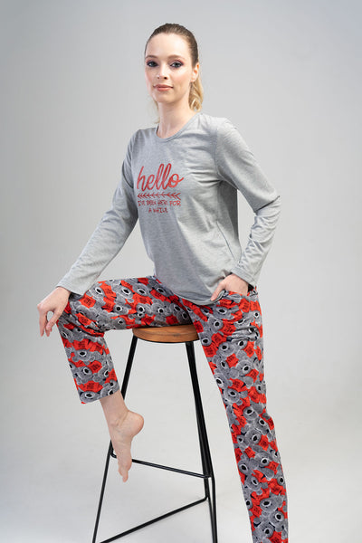 KADIN P.SUPREM O YAKA UZUN KOL ETEGI OVAL CEPLI PIJAMA TAKIM" - GRAY MELANGE