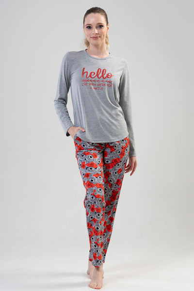 KADIN P.SUPREM O YAKA UZUN KOL ETEGI OVAL CEPLI PIJAMA TAKIM" - GRAY MELANGE