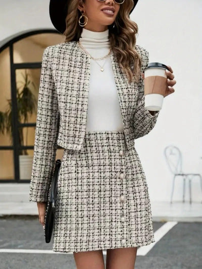 Women's Long-Sleeved Open-Front Woven Jacket and Mini Skirt Two-Piece Set, 28761