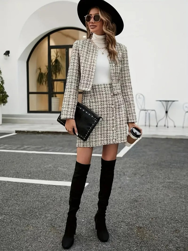Women's Long-Sleeved Open-Front Woven Jacket and Mini Skirt Two-Piece Set, 28761