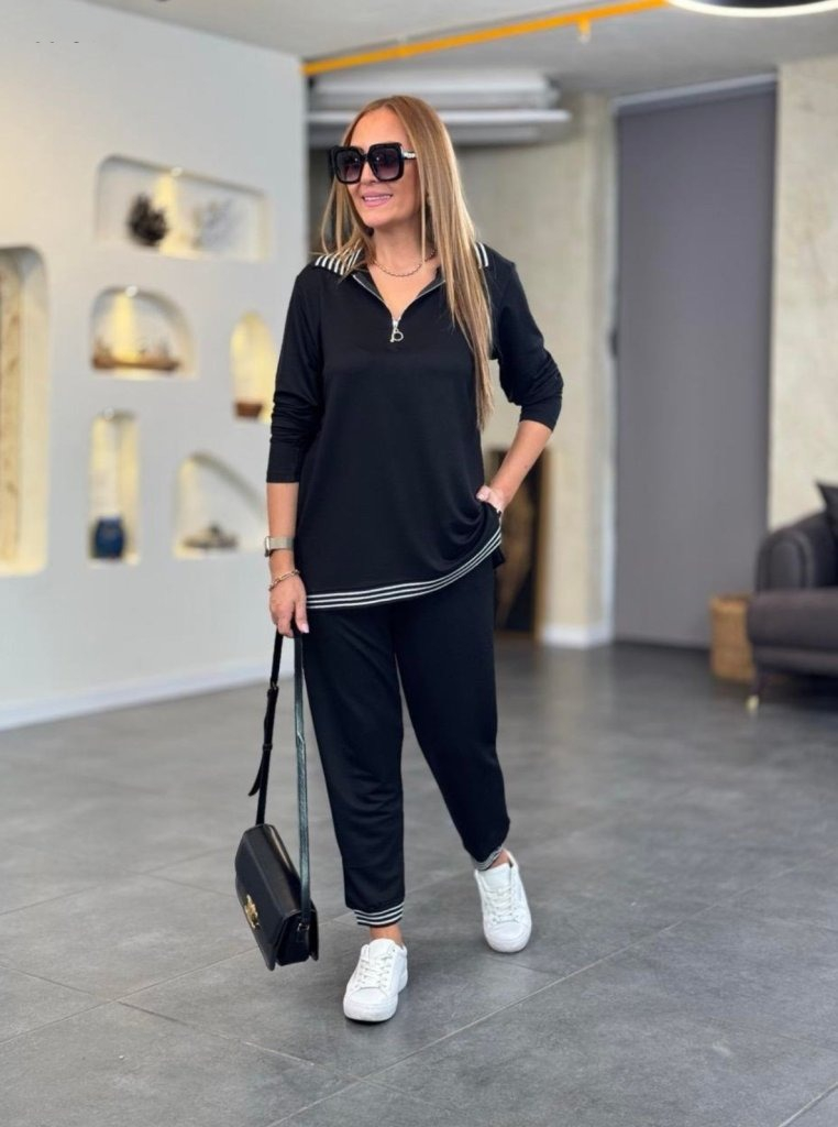 Set de 2 piese pentru femei, bluza cu mânecă lungă, cu nervuri și fermoar, și pantaloni cu talie înaltă, 28546