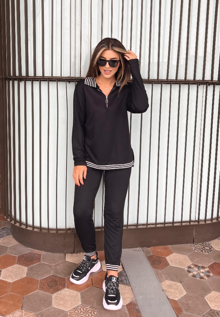 Set de 2 piese pentru femei, bluza cu mânecă lungă, cu nervuri și fermoar, și pantaloni cu talie înaltă, 28546