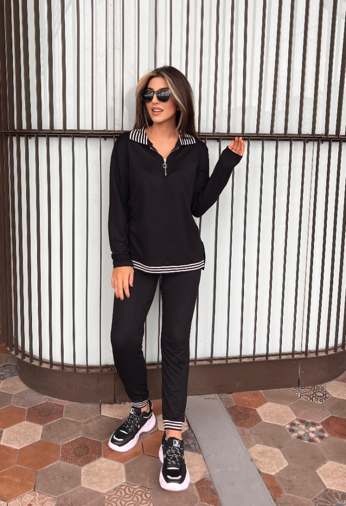 Set de 2 piese pentru femei, bluza cu mânecă lungă, cu nervuri și fermoar, și pantaloni cu talie înaltă, 28546
