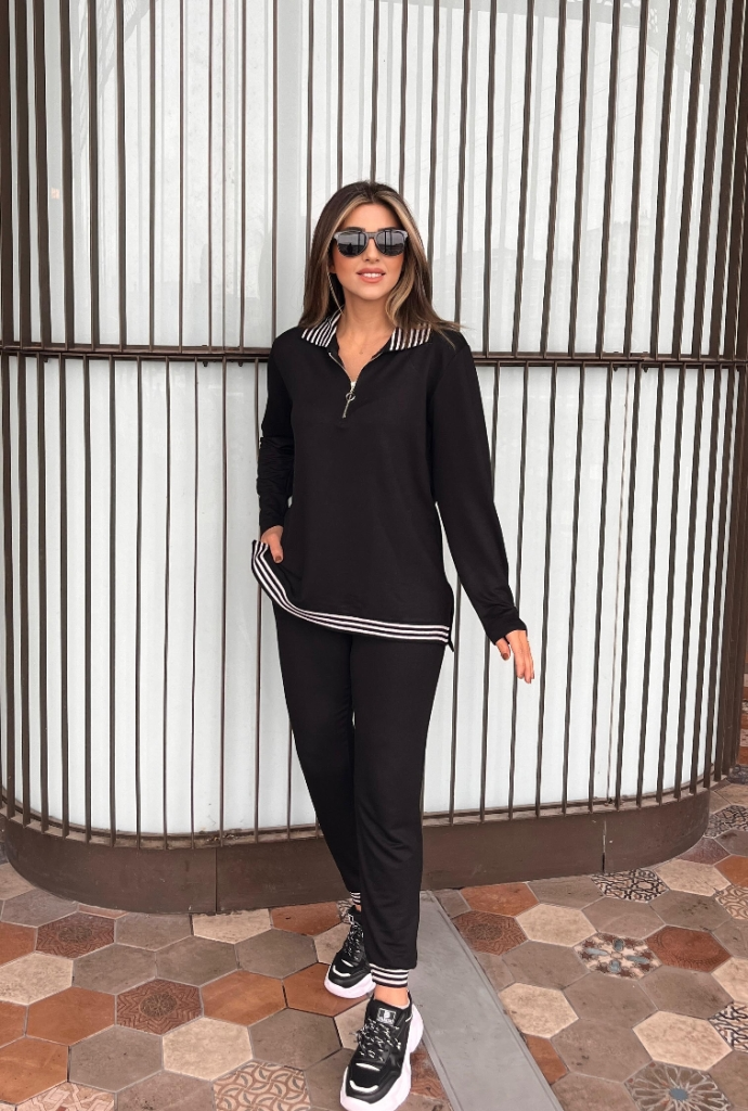 Set de 2 piese pentru femei, bluza cu mânecă lungă, cu nervuri și fermoar, și pantaloni cu talie înaltă, 28546