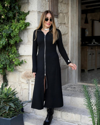 Rochie din crep de import cu mâneci lungi și fermoar în față pentru femei, 28542