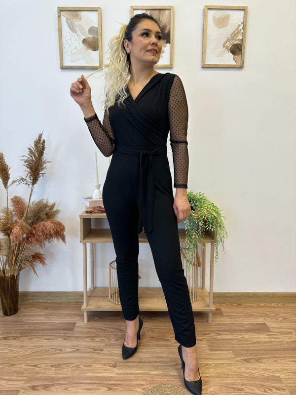 Salopetă pentru femei cu mâneci lungi, decolteu înfășurat, detalii din tul pe mâneci și curea în talie, salopetă din crep importat, 30840