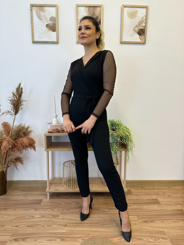 Salopetă pentru femei cu mâneci lungi, decolteu înfășurat, detalii din tul pe mâneci și curea în talie, salopetă din crep importat, 30840