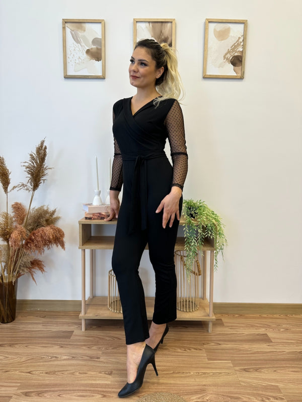 Salopetă pentru femei cu mâneci lungi, decolteu înfășurat, detalii din tul pe mâneci și curea în talie, salopetă din crep importat, 30840