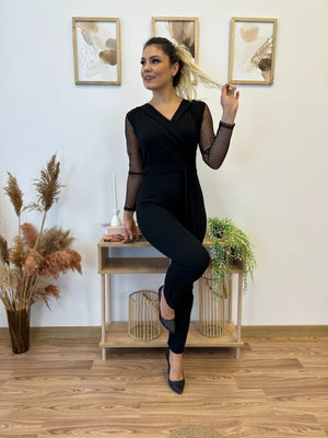 Salopetă pentru femei cu mâneci lungi, decolteu înfășurat, detalii din tul pe mâneci și curea în talie, salopetă din crep importat, 30840