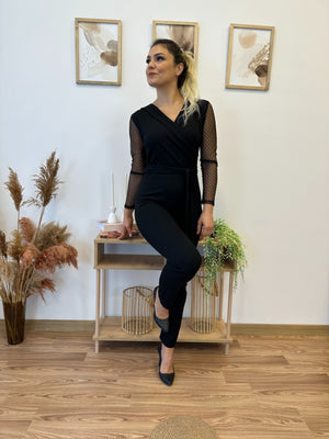 Salopetă pentru femei cu mâneci lungi, decolteu înfășurat, detalii din tul pe mâneci și curea în talie, salopetă din crep importat, 30840