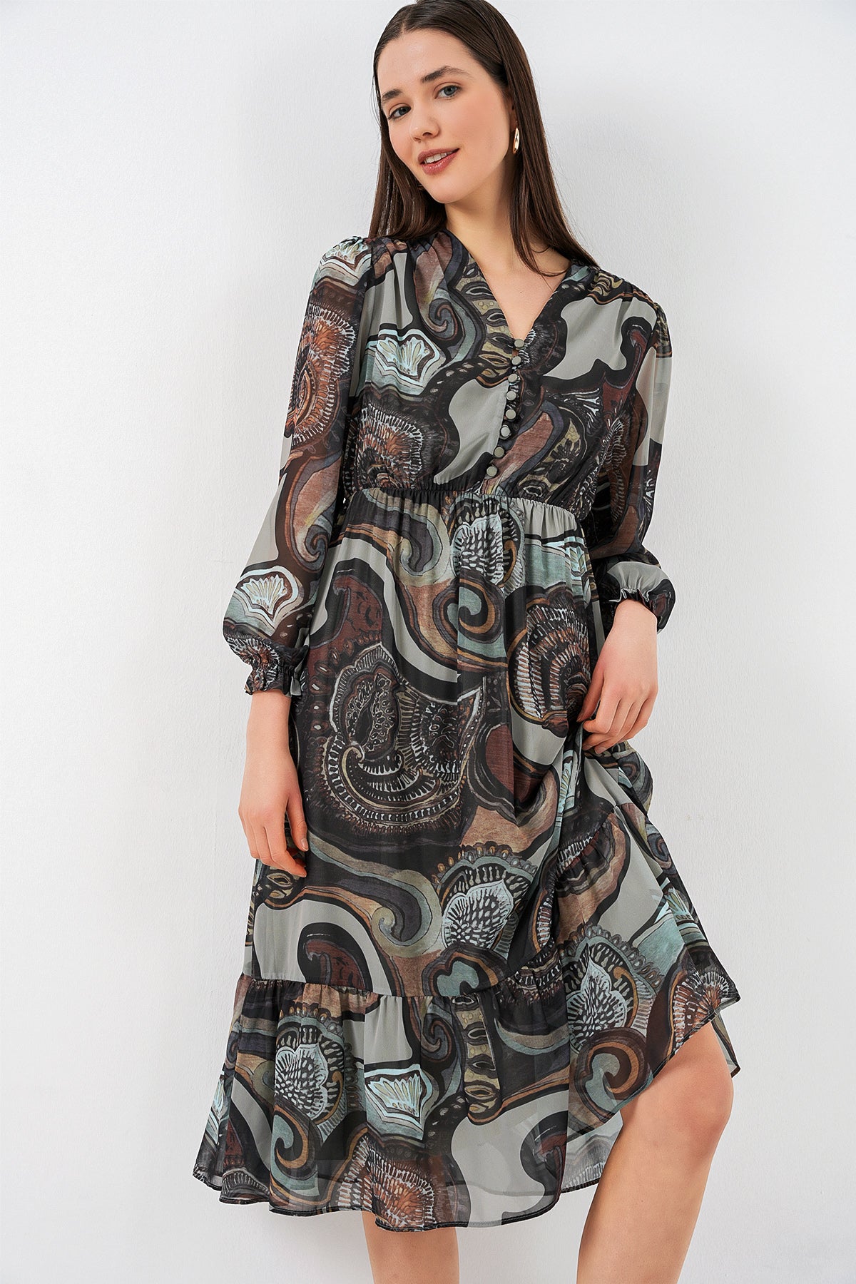 2137 Rochie din șifon cu model - C. Verde celadon